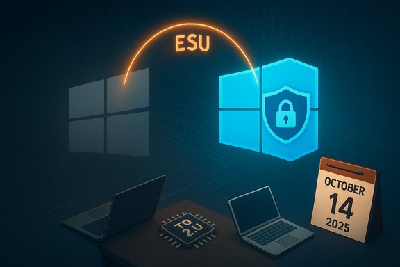 An ESU arc connects Windows to a security shield, highlighting Oct 14, 2025. An ESU arc connects Windows to a security shield, highlighting Oct 14, 2025.
