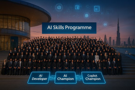 Large group of formally dressed graduates pose under an AI Skills Programme banner with neon awards.