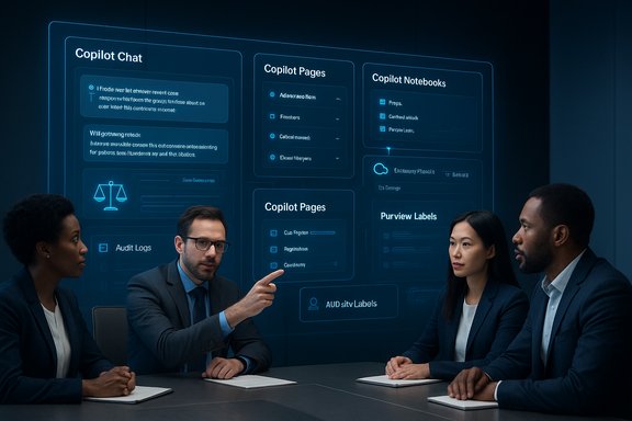 A diverse team reviews a holographic dashboard of Copilot tools during a business meeting.