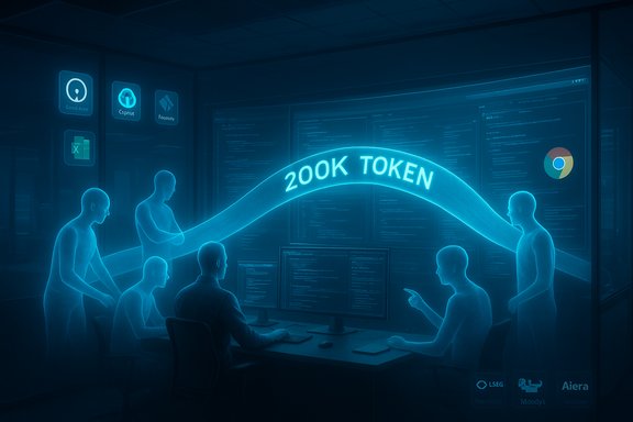 Blue holographic team collaborates around a glowing 200K TOKEN curve over code-filled screens.