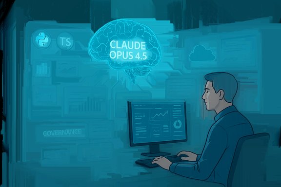 A person sits at a computer as a glowing brain labeled CLAUDE OPUS 4.5 hovers above.
