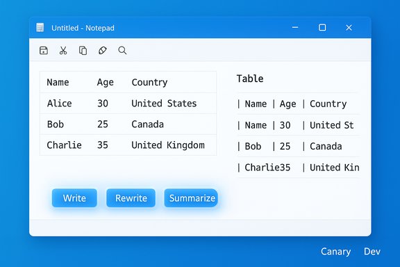 A Notepad-style UI showing two data tables and three action buttons: Write, Rewrite, Summarize. A Notepad-style UI showing two data tables and three action buttons: Write, Rewrite, Summarize.