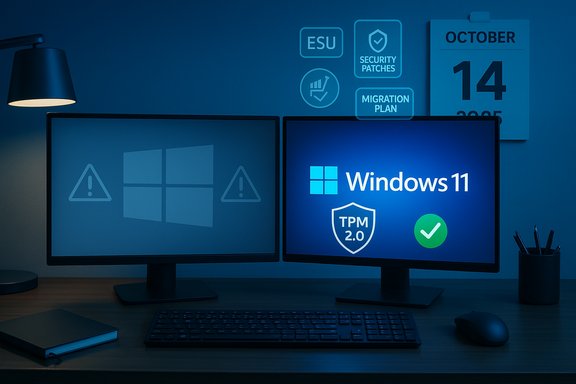 Dual-monitor desk setup shows Windows 11 with TPM 2.0 shield on the right and warning icons on the left. Dual-monitor desk setup shows Windows 11 with TPM 2.0 shield on the right and warning icons on the left.