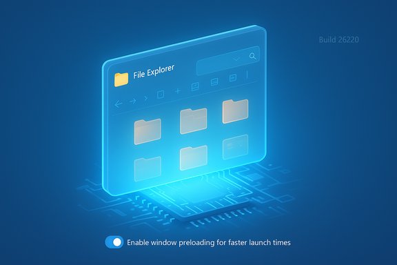 Futuristic File Explorer UI floating above a glowing circuit with a preload toggle.