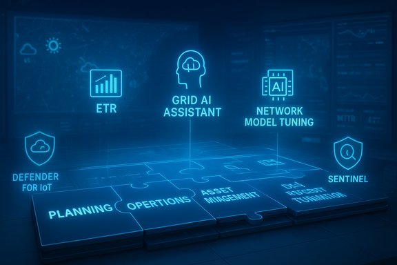 Blue holographic dashboard showcasing Grid AI Assistant with planning, operations, and asset management.