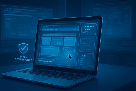 A laptop displays a blue holographic UI featuring 'Observe Think Act' and pixel sovereignty.