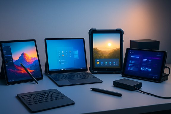A sleek desk setup with multiple tablets, a laptop, and a USB hub.