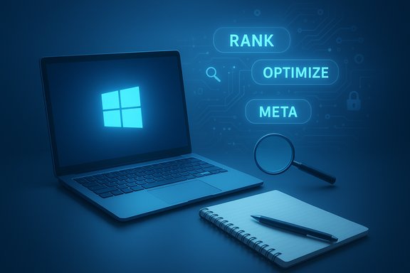 Blue-toned desk setup with a Windows laptop, magnifier, notebook, and the words Rank, Optimize, Meta.