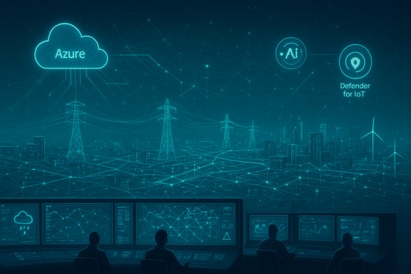Futuristic control room monitors Azure cloud and IoT security across a connected city.