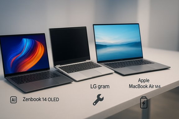 Three laptops on a desk: Zenbook 14 OLED, LG Gram, and Apple MacBook Air M4.