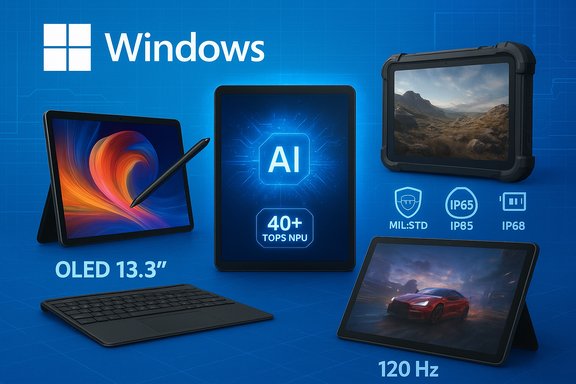 Windows AI devices showcase: OLED tablet, rugged tablet, keyboard, and 120 Hz display.