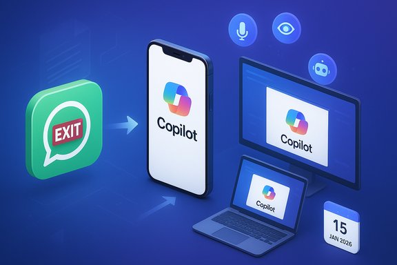 Copilot appears on phone, laptop, and monitor, emerging from an EXIT icon.