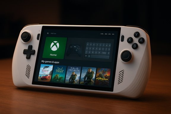 A white handheld console on a wooden surface displays the Xbox home screen with game icons.