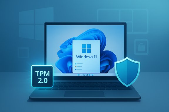 Windows 11 laptop with TPM 2.0 and a security shield.