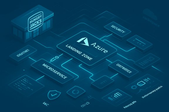 Isometric diagram of an Azure Landing Zone with security and microservices components.
