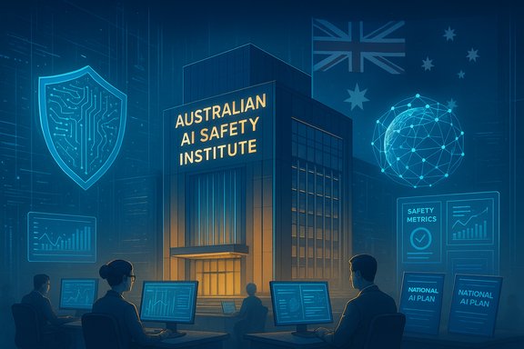 Australian AI Safety Institute building with researchers monitoring AI safety metrics.