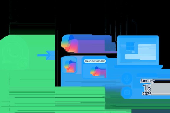 Futuristic AI Copilot concept: colorful icons flow toward a Windows interface and a January 15, 2026 date.