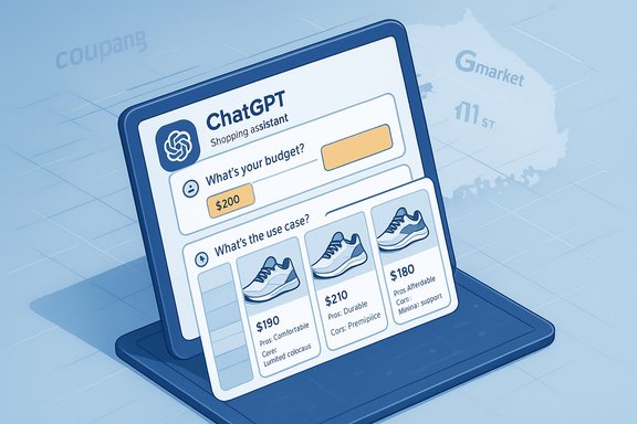 Laptop screen shows ChatGPT Shopping assistant with a budget and multiple shoe options.