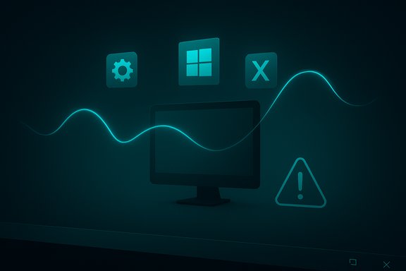 Futuristic tech scene with a monitor, floating app icons, neon wave, and a warning symbol.