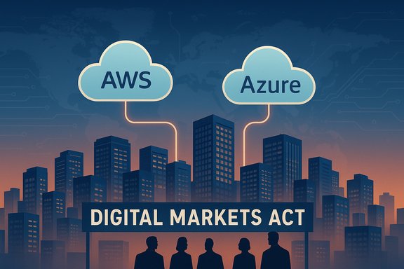 Clouds labeled AWS and Azure connect to a cityscape beneath a Digital Markets Act banner. Clouds labeled AWS and Azure connect to a cityscape beneath a Digital Markets Act banner.