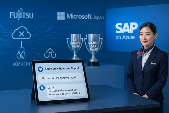 Cabin crew handover report shown on a tablet at a tech event with SAP on Azure backdrop.