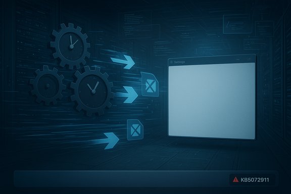 Gears and arrows converge on a blank settings panel in a dark data center.