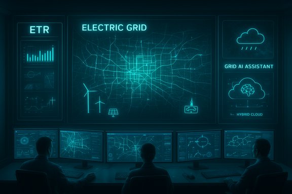 A futuristic command center monitoring the electric grid with AI assistance.
