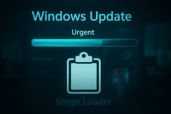 Neon Windows Update screen shows 'Urgent' with a loading bar and Stego Loader.