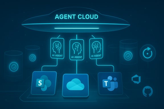 Neon blue Agent Cloud with AI agents linked to SharePoint, Cloud, and Teams icons.