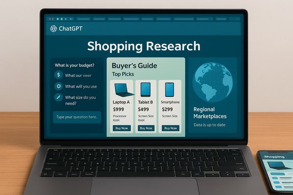 Laptop screen shows a ChatGPT Shopping Research dashboard with top picks and regional markets.