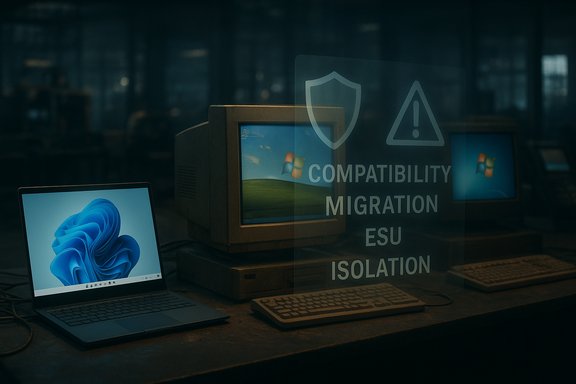 A dim data lab features vintage PCs and a translucent sign reading Compatibility, Migration, ESU, Isolation.