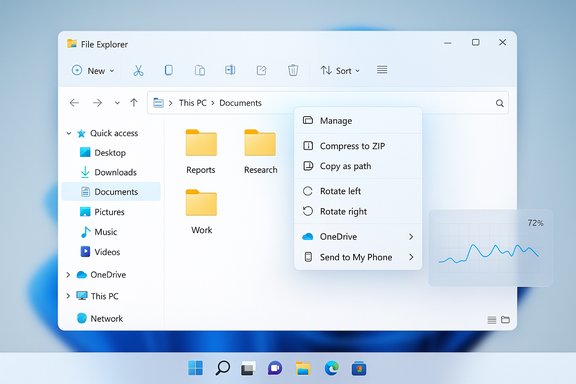 Windows 11 File Explorer showing the Documents folder and a floating context menu.