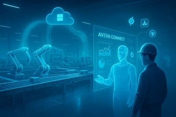 Futuristic factory scene with robotic arms on a conveyor and a holographic AVEVA Connect display.