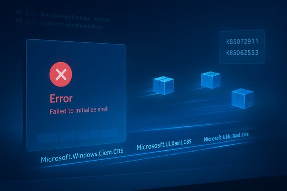 Blue-tinted Windows error screen showing 'Failed to initialize shell' with floating blue cubes.