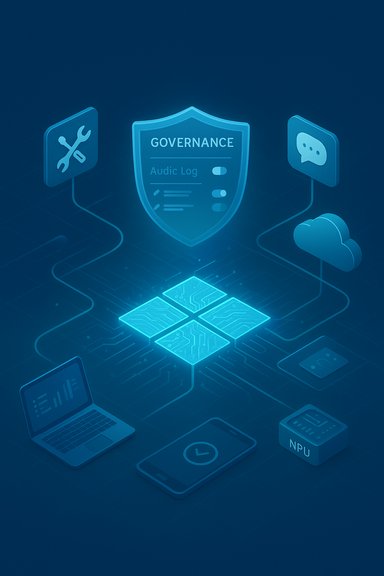 A digital governance shield links tools, cloud, chat, and devices in a secure network. A digital governance shield links tools, cloud, chat, and devices in a secure network.