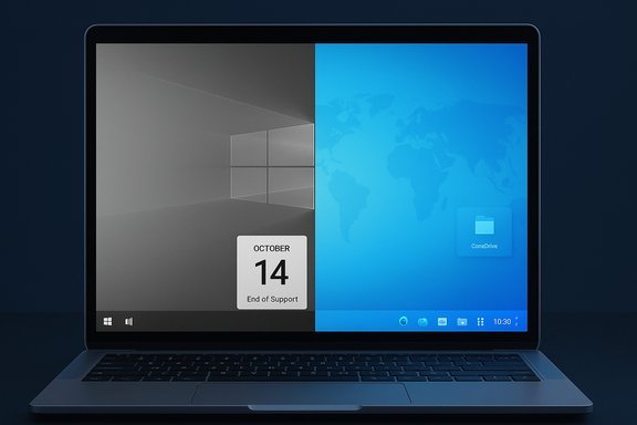 Laptop screen split: Windows 10 on the left and a blue world wallpaper on the right.
