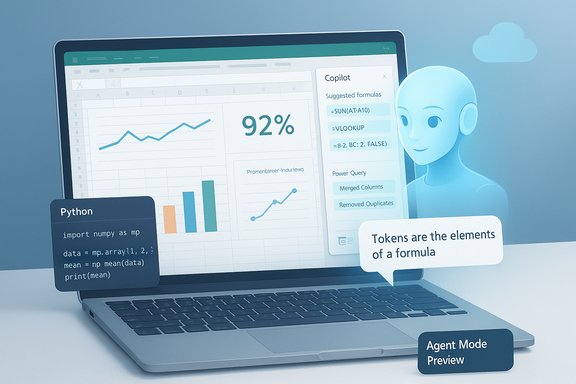 A laptop screen shows charts and formulas with a blue AI assistant and nearby code snippets.