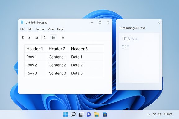 Windows 11 desktop with Notepad showing a 3-column table and a Streaming AI text panel. Windows 11 desktop with Notepad showing a 3-column table and a Streaming AI text panel.