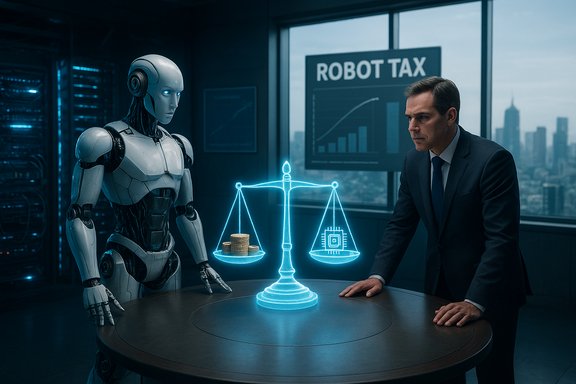 A robot and a businessman examine holographic scales weighing coins against a microchip.