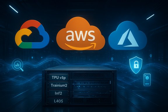 AWS, Google Cloud, and Azure logos loom above a server rack with AI hardware.