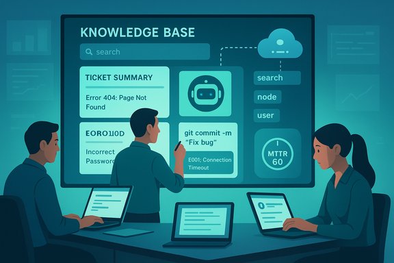 A team collaborates around laptops, analyzing a knowledge-base dashboard with tickets and code activity.
