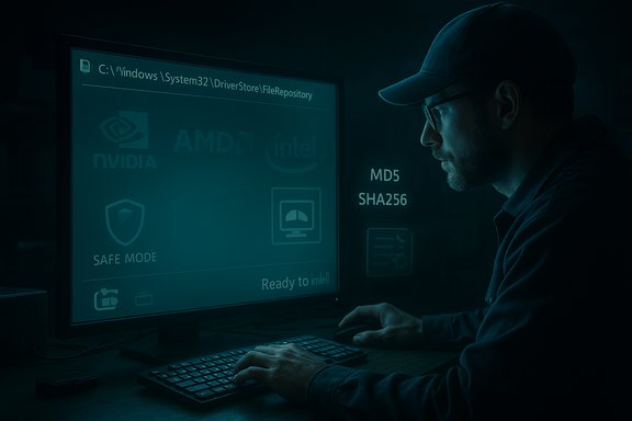 A man in a cap and glasses works at a dim computer as the monitor displays a Windows path and tech logos.