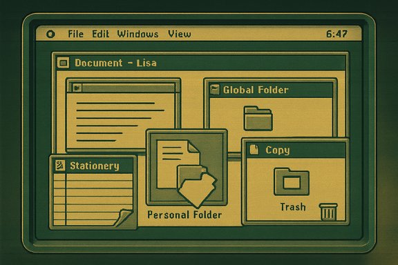 Retro computer desktop with overlapping windows and folders labeled Document, Personal Folder, Copy.