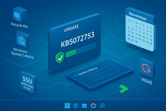 Blue isometric Windows update scene showing KB5072753 installing, with calendar, WSUS, and update history.