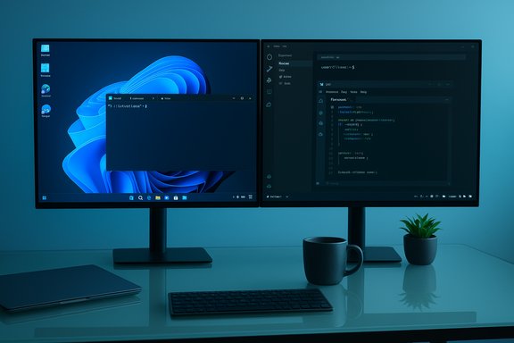 A dual-monitor workstation on a glass desk with a laptop, keyboard, mug, and plant.