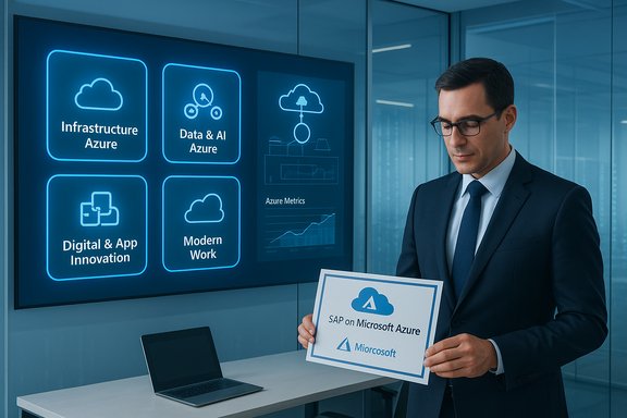 A businessman in a suit holds a 'SAP on Microsoft Azure' sign beside an Azure dashboard.