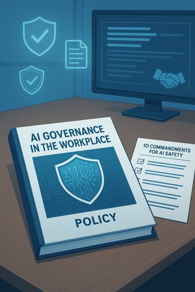 Policy book on AI governance sits on a desk beside a computer monitor.