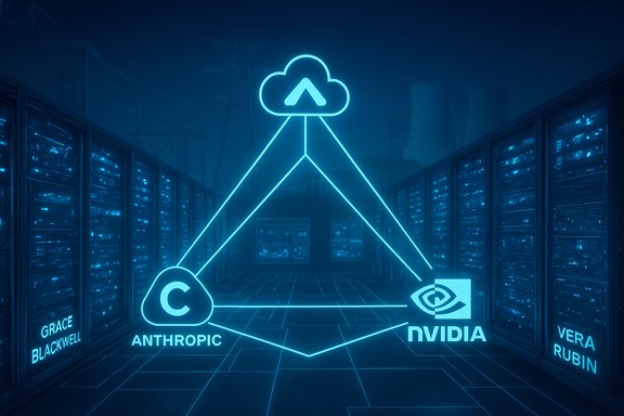 Blue neon triangle links a cloud, Anthropic, and NVIDIA in a data-center server room. Blue neon triangle links a cloud, Anthropic, and NVIDIA in a data-center server room.