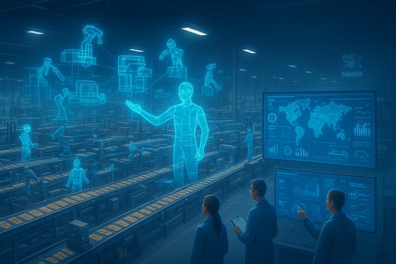 A futuristic factory where holographic workers monitor a conveyor belt via digital dashboards.