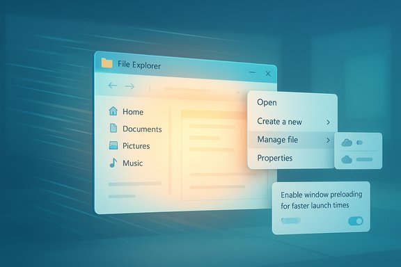 Blue-tinted 3D illustration of a Windows File Explorer with floating menus and a preloading toggle.